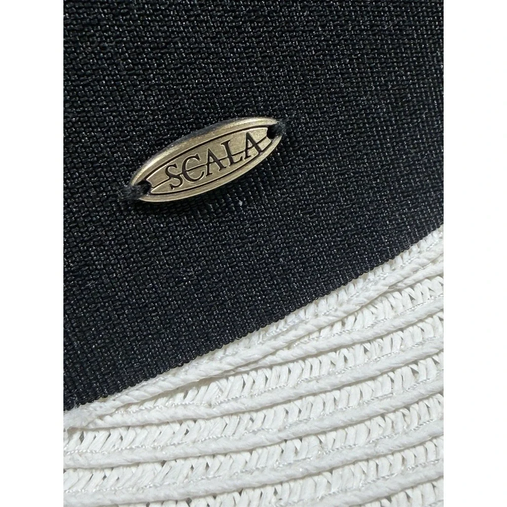 Scala Womens White Wide Brim Sun Hat Black Bow Ribbon Coastal Elegant Derby